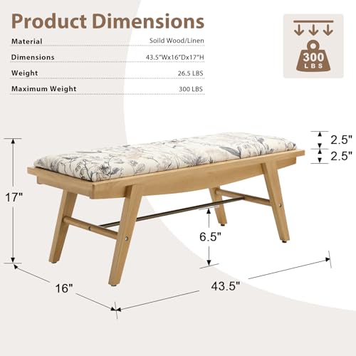 43.5'' Entryway Bench Linen Upholstered Shoe Benches Farmhouse Dining Table Benches for for Hallway Living Room Bedroom End of Bed, Floral Pattern - color: Floral Pattern, size: 43.5''