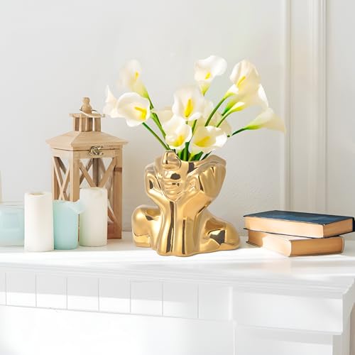 Gold Ceramic Human Face Decorative Vase - Shy Posture Modern Art Desktop Display for Bookshelf, Living Room, Office, Bedroom - style: Golden Hands on Cheeks