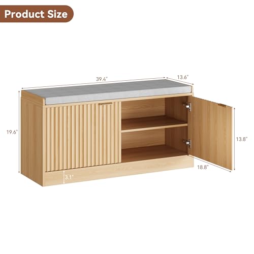Fluted Shoe Storage Bench with Cushioned Seat and Sliding Doors, Oak丨Modern Entryway Cabinet with Gold Handles, Hidden Shoe Organizer for Hallway, Living Room - color: Oak