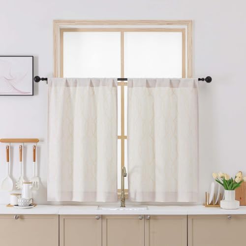 Chyhomenyc Short Curtains Tiers 36 Inch Length, 2 Packs | Light Filtering Faux Linen Half Window Cafe Curtains for Bathroom Laundry, Each 26Wx36L, Natural with Beige 3D Wave Line - color: Natural With Beige, size: 26"W x 36"L (Pack of 2)