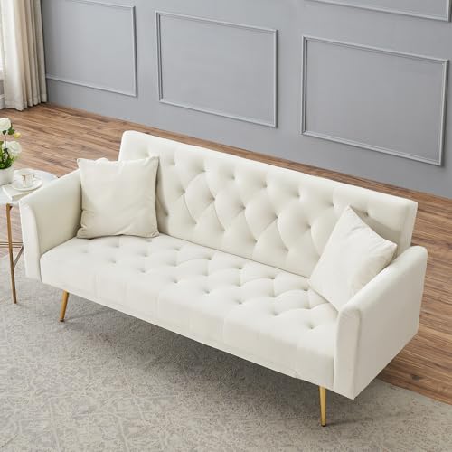 71" Modern Velvet Sofa Bed Futon, Convertible Sleeper Couch, Adj. Backrest | Tufted Recliner Loveseat Design with Golden Chrome Legs & 2 Pillows, Perfect for Small Spaces, Living Room, Apartment - color: Beige