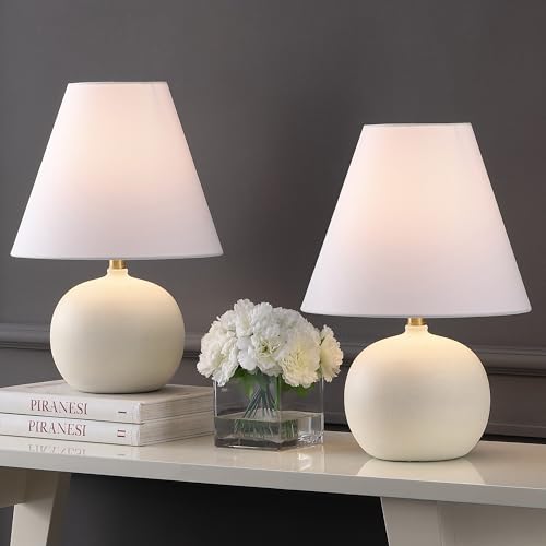 JONATHAN Y Asher 18.25" Gourd LED Table Lamp, Matte Cream, Set of 2 | Scandinavian Minimalist Style, White Linen Shade, Resin Metal Base, Bedside Nightstand, Rotary Switch, LED Bulbs Included - color: Matte Cream