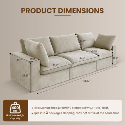 118" Cloud Modular Sofa, Convertible Modular 3 Seater Couch, Cotton Linen Fabric Sofa for Living Room, Apartment and Bedroom, Removable Covers, 2 Pillows, Khaki - color: Khaki, size: 3-Seater
