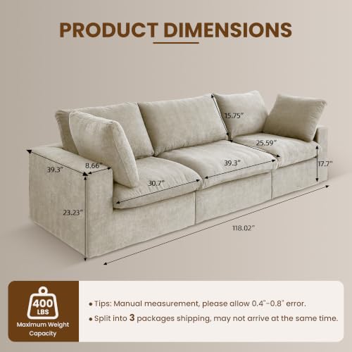 118" Cloud Modular Sofa, Convertible Modular 3 Seater Couch, Cotton Linen Fabric Sofa for Living Room, Apartment and Bedroom, Removable Covers, 2 Pillows, Khaki - color: Khaki, size: 3-Seater