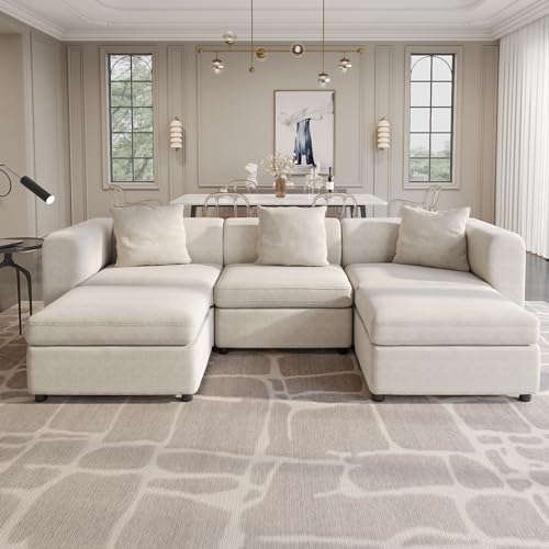 103.5" Velvet Sectional Sofa with 3 Pillows, Convertible U-Shaped Couch with Cushions, Oversized Sectional Sofa with Storage Ottoman, 5 Seaters Sofa Couch for Living Room, Beige - size: 5 Seaters(With Ottoman)