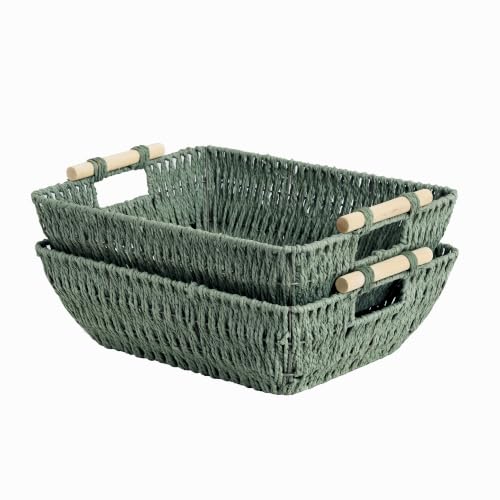 StorageWorks Large Wicker Basket, Woven Basket for Shelves, Bosana Green | Wicker Storage Baskets for Shelves, Baskets with Wooden Handles, 2-Pack Gifts Basket for Home Decor, Hand-Woven Basket - color: Bosana Green, size: Large