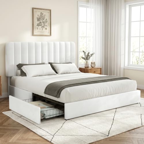 VECELO Full Size Upholstered Bed Frame with 4 Drawers and Headboard, Velvet Platform Storage Bedframe, Wooden Slats Support, No Box Spring Needed,Snow-White - color: Snow-white, size: Full, style: Bed Frame with Drawer