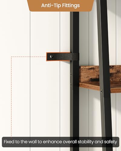 5 Tier Ladder Shelf with Drawer, Tall Ladder Bookshelf, Standing Bookcase with Metal Frame for Living Room, Bathroom, Home Office, Study, Balcony, Rustic Brown and Black TCJ07BF - color: Rustic Brown and Black