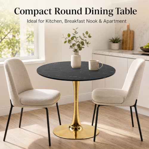31.5" Small Round Dining Table, Black Marble-Look Top, Gold Tulip Base | 31.5-inch MDF table for 2-4 compact chairs, suited to kitchens, apartments, breakfast nooks, and small dining rooms - color: Black and Golden