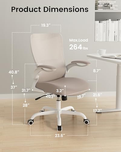 Office Chair, Ergonomic Desk Chair with Adjustable Lumbar Support and Flip up Armrest, Breathable Mesh Computer Chair for Home Office, Khaki - color: Khaki