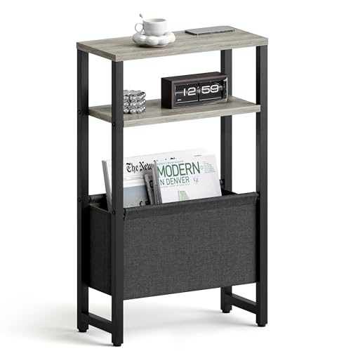 Narrow Side Table, Slim End Table with Magazine Rack, Skinny Bedside Table for Small Spaces, 3 Tier Sofa Couch Table Nightstand for Living Room, Bedroom,Oak Grey LET503Q - color: Oak Grey, style: No Charging Station