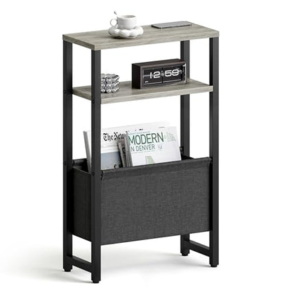 Narrow Side Table, Slim End Table with Magazine Rack, Skinny Bedside Table for Small Spaces, 3 Tier Sofa Couch Table Nightstand for Living Room, Bedroom,Oak Grey LET503Q - color: Oak Grey, style: No Charging Station