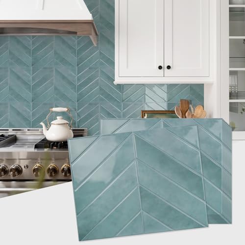 STICKGOO Herringbone Peel and Stick Backsplash, Blue Teal, 10 Sheets | 12.6 x 9.7 in, Thicker Rectangular Vinyl Stick-On Wall Tiles, Easy Alignment, Waterproof, Easy to Clean, Kitchen/Bathroom - color: Blue Teal, size: Pack of 10