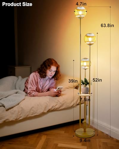 Globe Glass Floor Lamp with Table, Gold Tall Standing Lamps Dimmable, 3000K Warmwhite Mid Century Modern Floor Lamp with 5Lbs Heavy Base for Living Room/Bedroom - color: 3 Globe Glass-Gold
