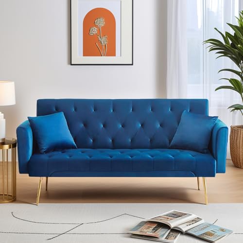72"Modern Velvet Sofa Bed Futon,Convertible Folding Sleeper Bed Couches with 3 Adjustable Backrests,Tufted Recliner Love Seat with Golden Chrome Legs for Living Room Apartment Office (Navy+pillows) - color: Navy+pillows