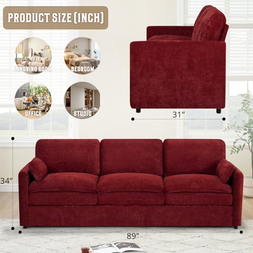 89" Chenille 3 Seats Sofa with 2 Pillows, Red | Modern Upholstered Sofa with Deeper Seats, Comfy Sofa with Thickened Cushions for Living Room, Apartment - color: Red, size: Sofa