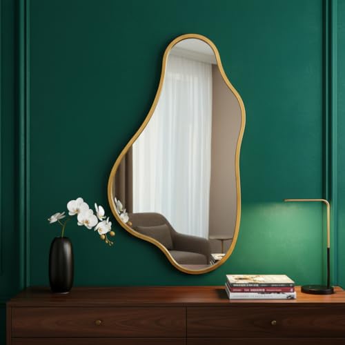 32x18 Inch Irregular Wall Mirror, Vertical Wavy Design, Gold Asymmetrical Metal Frame Decorative Mirror for Living Room, Bedroom, Entryway, Hallway (Gold Metal,32" x 18") - color: Gold Metal, size: 31.9"L x 18.1"W