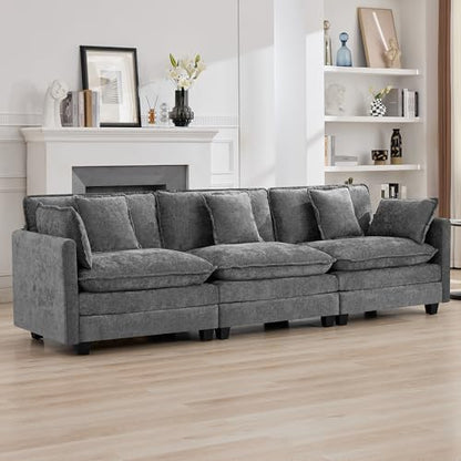 111'' Sectional Cloud Deep Seat Couch, Modern Comfy Chenille Modular Sectional Sofa for Living Room Set, Upholstered Modular 3-Seats Sofa Couch, Grey - color: Grey, size: 111'' 3 Seats