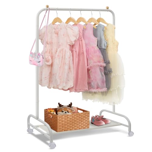 Kids Clothing Rack, Dress Up Rack for Little Girls, Baby Garment Rack | Small Toddler Clothes Rack for Hanging Clothes with Wheels & Storage Shelf, Kids Dress Up Storage for Coats|Costume Wardrobe - color: White
