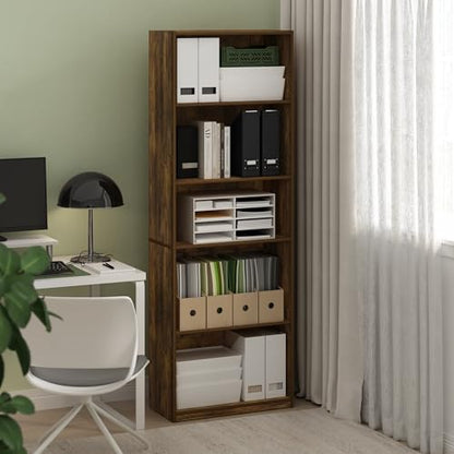 Furinno GEHRY Book Shelf, 5-Tier Bookshelf with Open Shelf, Standing Bookcase with Adjustable Shelves, 11.6 x 24.8 x 71.4, for Living Room, Bedroom, Home Office, Amber Pine - color: Amber Pine, size: 5-Tier, 11.6 x 25 x 71.4