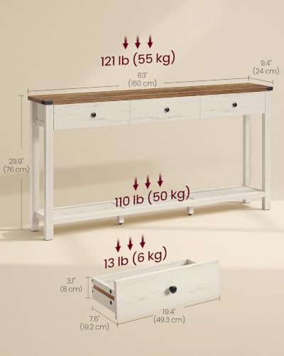 VASAGLE LIRY Collection Narrow Console Table with 3 Drawers | Long Sofa Table with Storage Shelf, Honey Brown and Rustic White, 9.4 x 63 x 29.9 Inch, ULNT148W101 - color: 허니 브라운 + 러스틱 화이트, size: 9.4"D x 63"W x 29.9"H