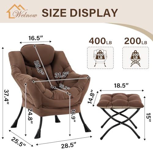 Welnow Lazy Chair with Ottoman, Reading Chair with Footrest,Dark Brown | A Side Pocket,Armrests,Foldable Footrest,Thick Cushioned Seat & Backrest, Lounge Chair for Bedroom,Living Room & Small Space - color: Dark Brown