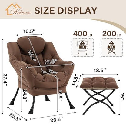 Welnow Lazy Chair with Ottoman, Reading Chair with Footrest,Dark Brown | A Side Pocket,Armrests,Foldable Footrest,Thick Cushioned Seat & Backrest, Lounge Chair for Bedroom,Living Room & Small Space - color: Dark Brown