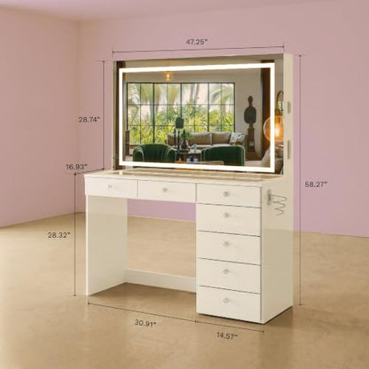 Boahaus Luna Vanity Desk with LED Lighted Mirror – 7 Drawer Integrated Makeup Station - color: White