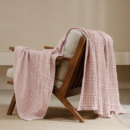 PHF 100% Cotton Waffle Weave Throw Blanket, Lightweight Breathable Summer Blanket for Couch Sofa, Pre-Washed Soft Throws for Bed, Office, Travel & Stylish Home Decor, 50"x60", Pink/Mauve - color: 16 Pink, size: Throw(50"x60")