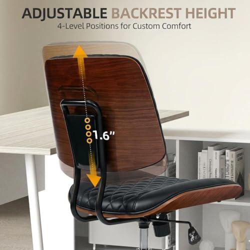 Home Office Desk Chair with Swivel Wheels, Ergonomic Adjustable Height Small Office Chair, Premium PU Leather Armless Computer Chair for Home Office, Reading Meeting Room, Modern Walnut Style (Black) - color: Mcm Style-black