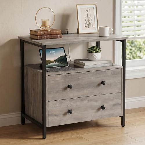 Edbuosy 27" Wide Nightstand with Charging Station & 2 Drawer, Rustic Gray | Small Dresser for Closet, 2 AC Outlets & 2 USB Ports, Open Shelf, Adjustable Feet, Wood Nightstand for Living Room or Bedroom - color: Rustic Gray, size: 2 Drawer