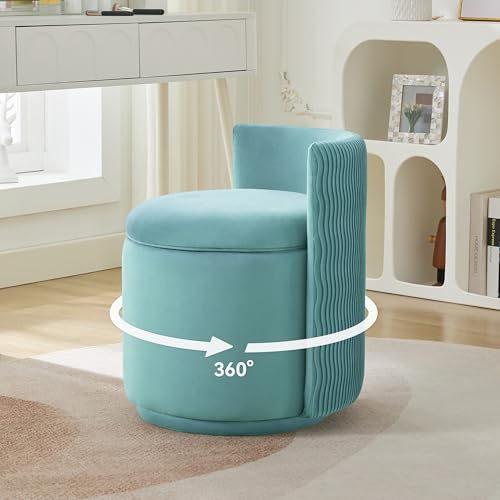 WUTUTUEE Velvet Vanity Chair with Storage, 360° Swivel Makeup Chair with Wave Back, No Assembly Small Accent Stool for Bedroom, Dressing, Living Room, Teal - color: Teal, size: Regular