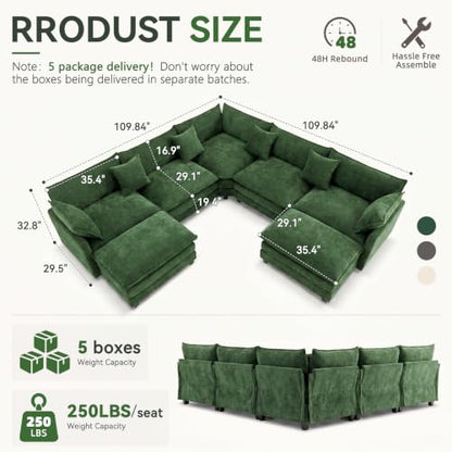 110" Modular Sectional Cloud Sofa Couch V Shape with 2 Ottoman, Green | 3 Layer Cushion, 6 Washable Pillows, 29" Deep Seat, Chenille Fabric, for Living Room Apartment - color: Green, size: 110"V-2