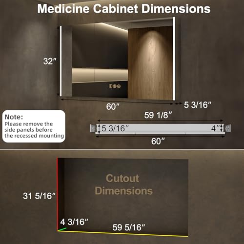 60 x 32 Inch Medicine Cabinet with Mirror and LED Light for Bathroom | Recessed, Wall-Mounted, Dimmable, Anti-Fog, Memory Function, 3 Color Mode, Outlet&USB, Adjustable Shelf, ETL Listed, Aluminum - size: 60x32 Triple Door