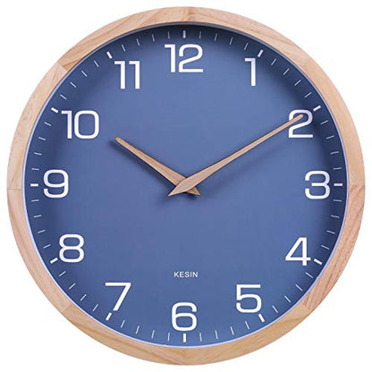 Kesin Wall Clock 12 Inch Silent Non Ticking Wood Wall Clocks Modern Simple | Battery Operated - Wooden Blue Clock Decorative for Kitchen,Living Room,Bedroom,Kid’s Room