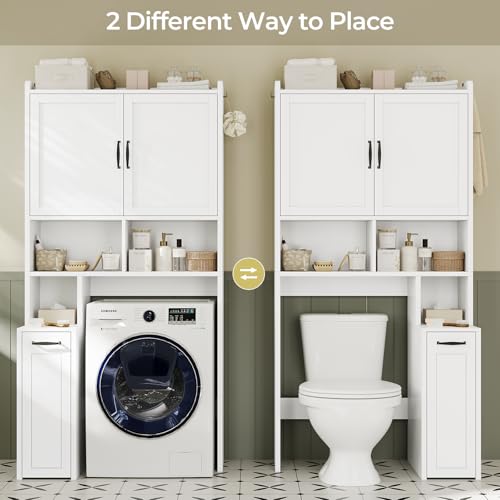 Over The Toilet Storage Cabinet with Pulley Small Bathroom Storage Cabinet, Space Saver W/Adjustable Shelf & Open Shelf for Bathroom, Restroom, Laundry (White) - color: White