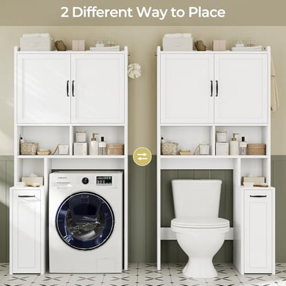 Over The Toilet Storage Cabinet with Pulley Small Bathroom Storage Cabinet, Space Saver W/Adjustable Shelf & Open Shelf for Bathroom, Restroom, Laundry (White) - color: White