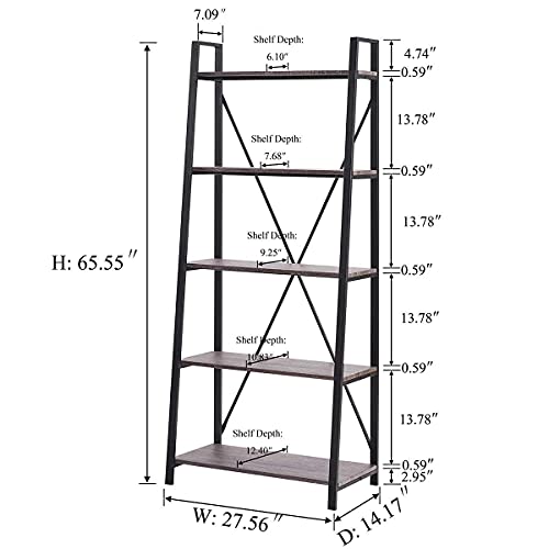 5-Tier Ladder Shelf, Industrial Leaning Bookcase, Wood and Metal Ladder Bookshelf for Living Room, Bedroom, Kitchen, Home Office (Grey Oak) - color: Grey Oak, size: 5-Tier