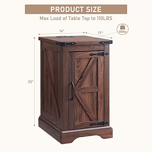 Farmhouse 17" Nightstand with Charging Station, Black | Rectangular/ Rustic End Table with Barn Door /Adjustable Shelf/ Wood Sofa Side Table/ for Living Room, Bedroom - color: Brown Color