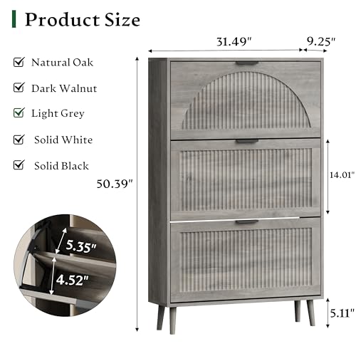 Xixini Shoe Storage Cabinet with 3 Flip Drawers, 50" Tall Narrow Wood Fluted Shoe Organizer for Entryway, Freestanding Wooden Hidden Slim Shoe Rack for Front Door Entrance, Hallway, Foyer, Light Grey - color: Light Grey, size: 3 Flip Drawers
