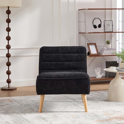 Velvet Slipper Chair, Armless Upholstered Accent Chair with Black Wood Legs, Modern Lounge Chair for Living Room, Bedroom, Office & Reading Nook (Black+Wood) - color: Black+wood