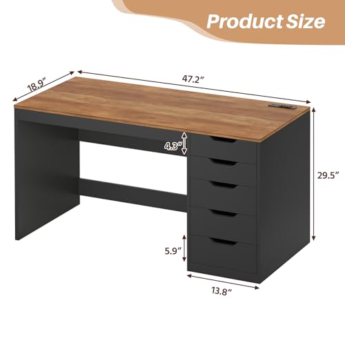 47 Inch Computer Desk with 5 Drawers and Power Outlets for Small Spaces | Home Office Desks with Storage File Cabinet and Charging Station, Modern Simple Laptop Desk Writing Table, Brown and Black - color: Brown and Black