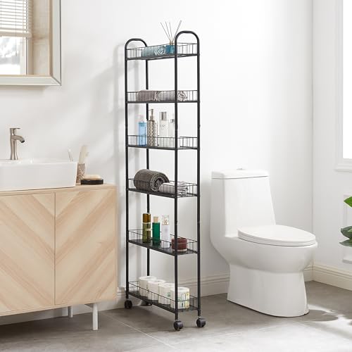 6 Tier Slim Rolling Storage Cart, Mobile Shelving Unit with Wheels, Metal Wire Storage Shelving Rack with Baskets for Bathroom Kitchen Office Laundry Narrow Piaces（ 6" D）