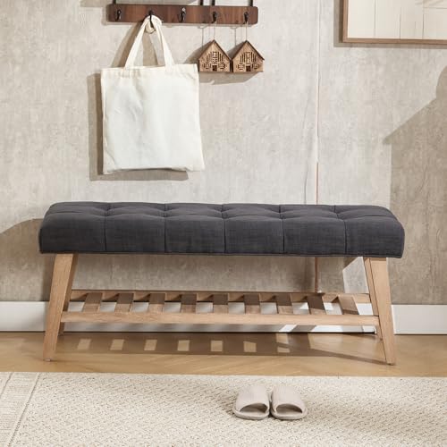 Kmax 45" Entryway Bench with Shoe Storage, Charcoal | Tufted Upholstered Design, with Shoe Storage Shelf , Sturdy Wooden Frame, linen fabric, for foyer Hallway - color: Charcoal