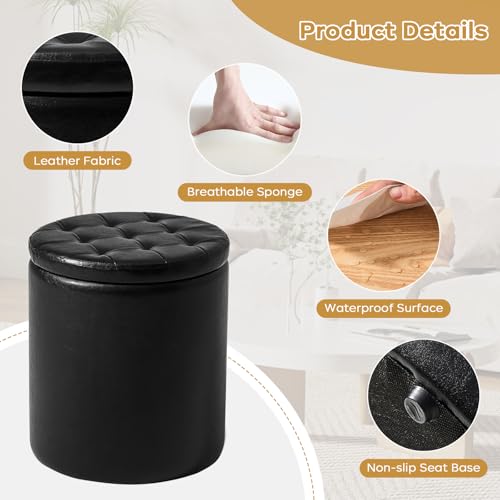 oakvivo Round Ottoman with Storage Set of 2, 12.6" W x 14.17" H & 14.76" W x 17.32" H Faux Footstool Storage Ottomans for Bedroom, Living Room Padded Coffee Table Ottomen, Black - color: Black