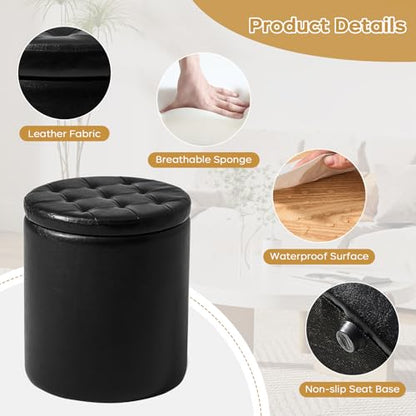 oakvivo Round Ottoman with Storage Set of 2, 12.6" W x 14.17" H & 14.76" W x 17.32" H Faux Footstool Storage Ottomans for Bedroom, Living Room Padded Coffee Table Ottomen, Black - color: Black