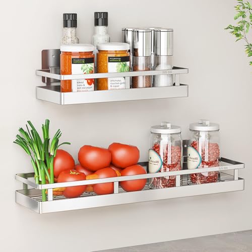 SUS304 Stainless steel Wall Mount Spice Rack Storage Basket - Seasoning Container, Kitchen Spice Organizer -Kitchen Seasoning Hanging Rack - Bathroom Shelf (Silver) - size: 11.8Inch 1PC