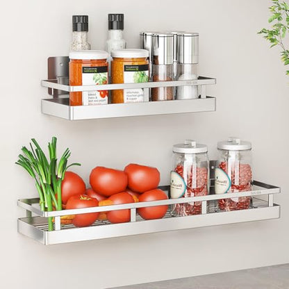 SUS304 Stainless steel Wall Mount Spice Rack Storage Basket - Seasoning Container, Kitchen Spice Organizer -Kitchen Seasoning Hanging Rack - Bathroom Shelf (Silver) - size: 11.8Inch 1PC