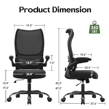Office Chair Ergonomic Desk Chair - Comfy Mesh High Back Office Chair with Lumbar Support Wheel Home Desk Office Chairs Flip up Armrest Executive Rolling Swivel Task Computer Chair Black Silver - color: Black Silver