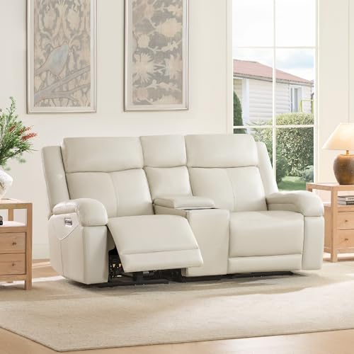 Watson & Whitely Genuine Leather Power Recliner Sofa & Loveseat Set, Cream | Wall Hugger Reclining Sofas, Power Headrest, Center Storage Console, Charging Ports, Cup Holders, Living Room Furniture Set - color: Cream, style: Loveseat+3 Seater Sofa